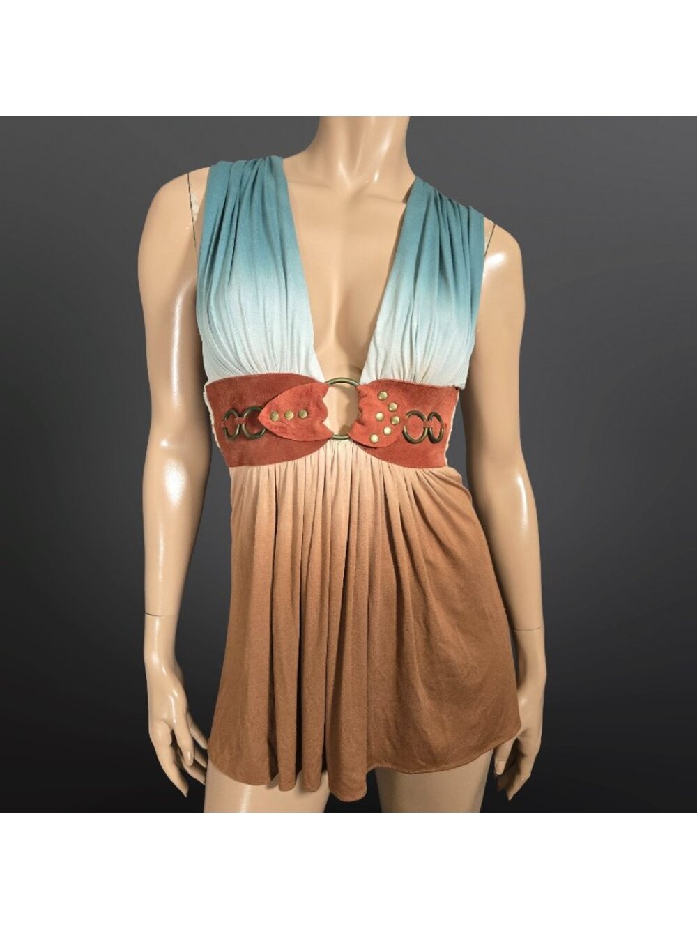 Y2K SKY Brand Babydoll Top Studded Suede Belt O Ring Teal Brown Ombre Size S